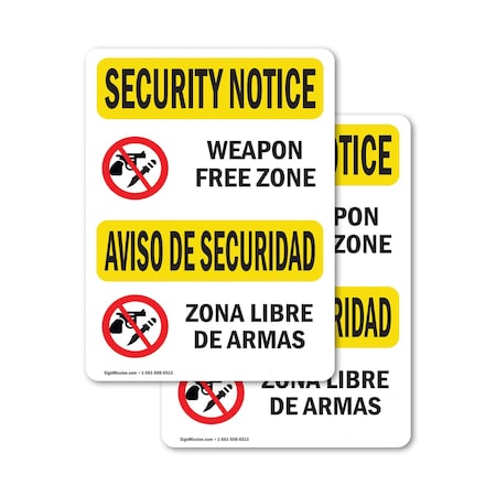 Signmission Weapon Free Zone Bilingual OSHA Security Notice Sign, Vinyl Decal, 18in W x 24in L, 2PK OS-2PACK-SN-D-1824-L-11684
